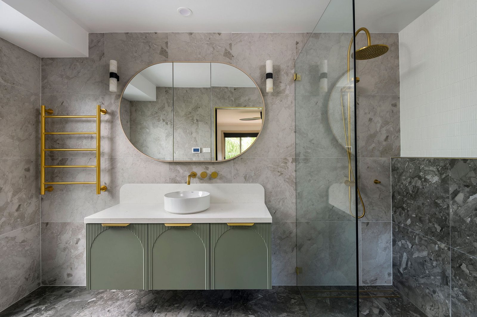 Bathroom Renovation Newcastle featuring art deco oval mirror