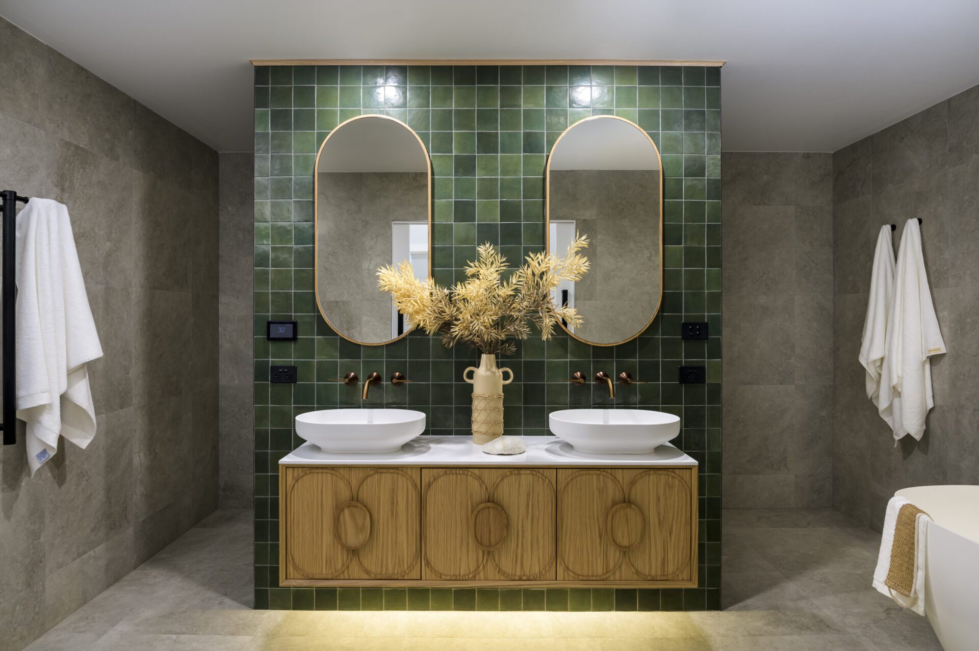 Day-Spa Inspired Bathroom with green tiles and hand made timber vanity