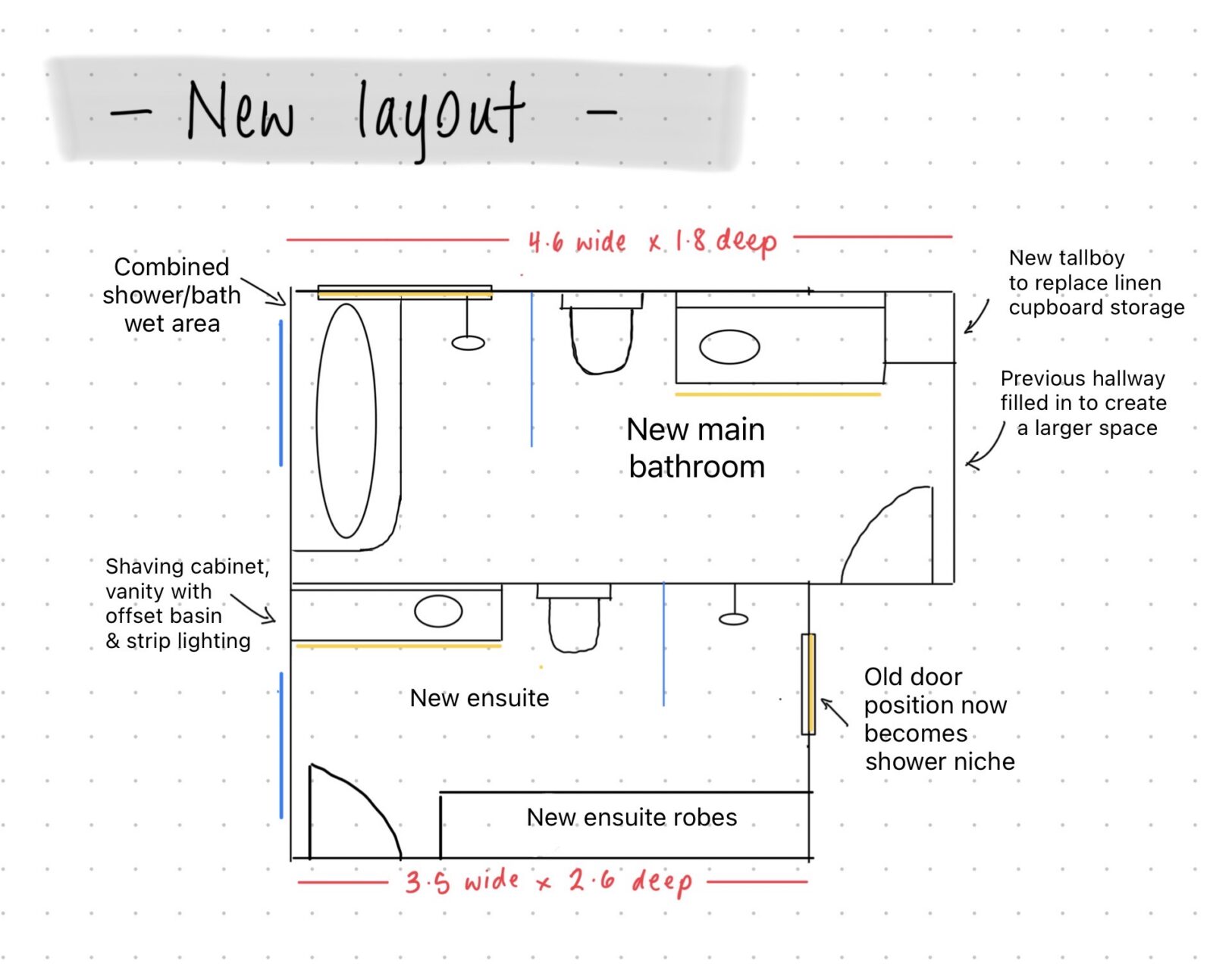New bathroom and ensuite floor plan showing the redesigned layout and improved use of space