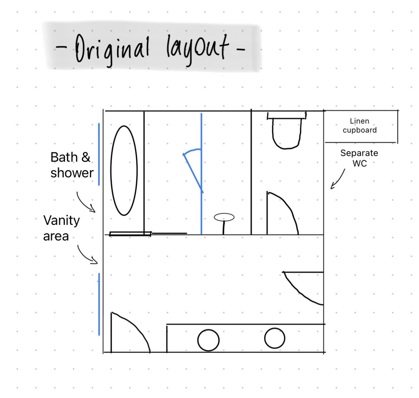 Original bathroom floor plan before renovation and conversion into a bathroom and ensuite