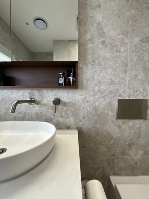 ADP Monroe above counter basin with brushed nickel ABI tapware and stone look wall tiles
