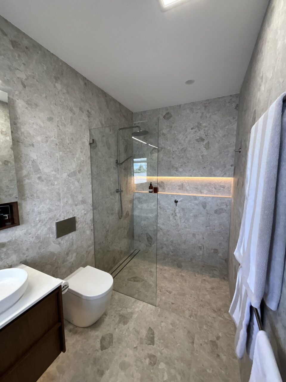 Modern ensuite featuring a walk in shower, frameless glass screen and illuminated shower niche