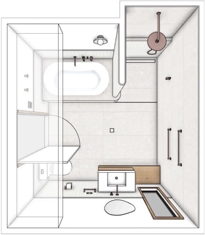 3D layout of the Corlette main bathroom renovation featuring the bath, curved shower wall and vanity