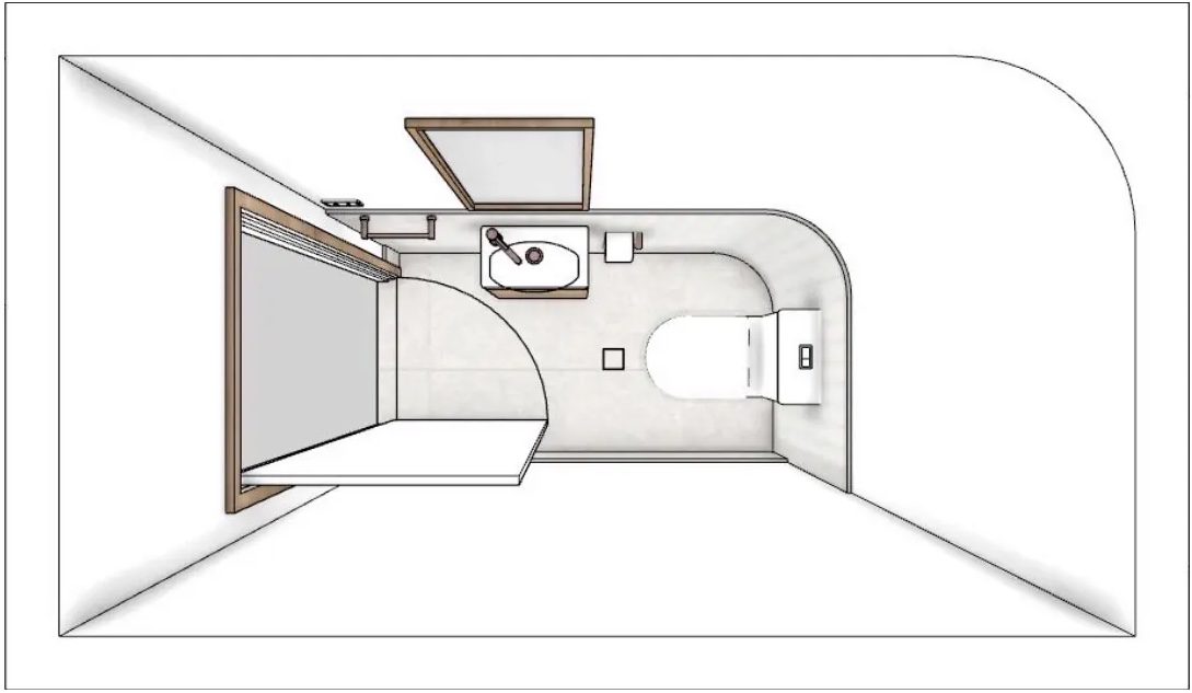 3D layout of the Corlette WC renovation showing the toilet, compact basin and curved wall design
